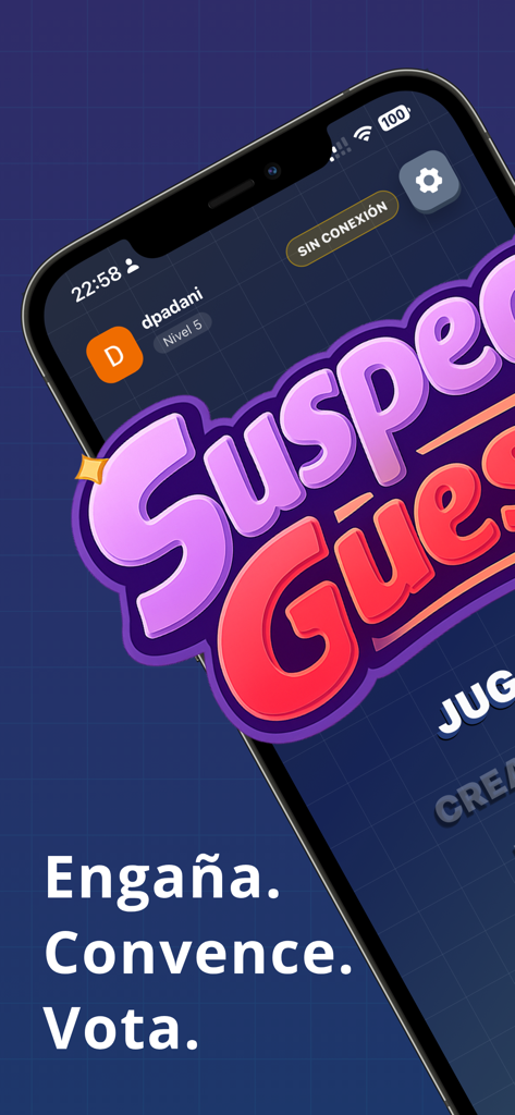 SuspectGuess: El impostor - SuspectGuessのモバイルゲームのメインメニューが、タイトルとスローガン「Engana Convence Vota」を表示したスマートフォンに表示されています。