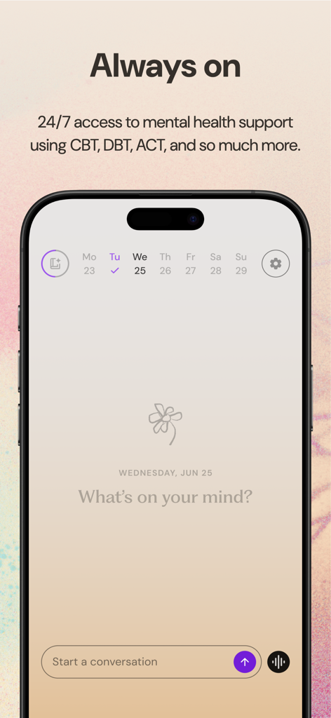 Ash AI for personal growth app interface with 24/7 mental health support access