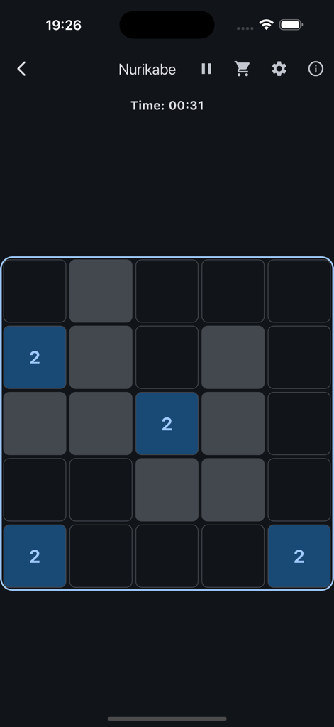 Puzzle Master - Brain Training - Nurikabe logic puzzle gameplay in dark mode on Puzzle Master app