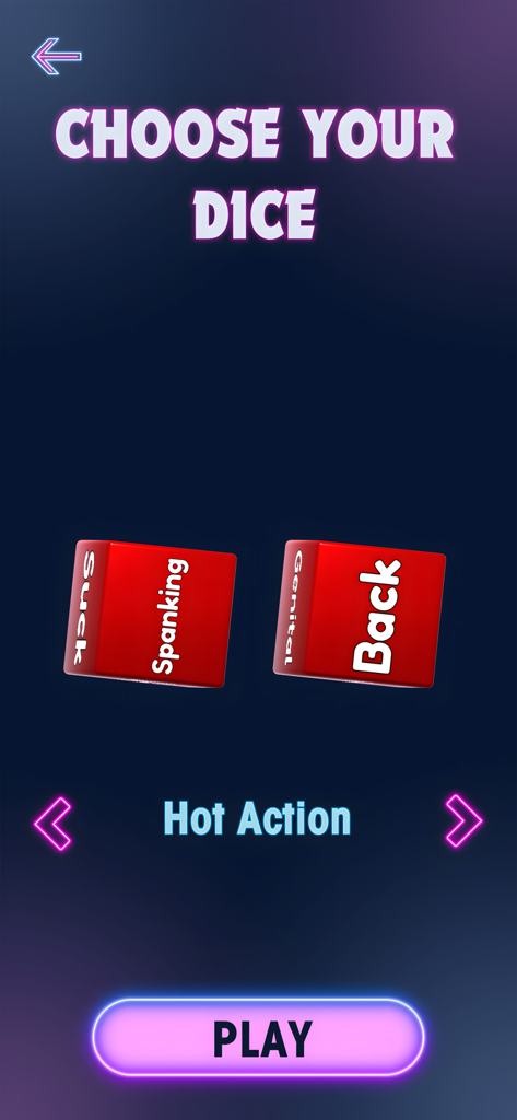 Sex Dice: Explore New Desires - Interfaz de la aplicación Dados Eróticos mostrando la pantalla de selección para el set de dados Acción Hot con dados rojos en 3D.