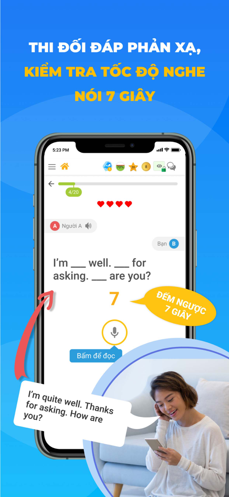 Lang Kingdom mobile app interface showing a 7 second English speaking reflex exercise for Vietnamese learners.