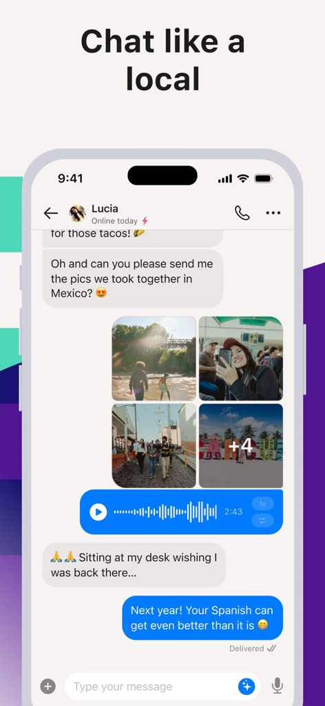 Tandem: Conversation exchange - A mobile screen showing the Tandem app chat interface with messages, travel photos, and a voice note between language partners