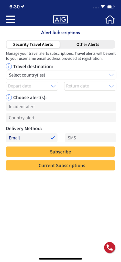 AIG Travel Assistance - Pantalla de suscripción de alertas en la aplicación AIG Travel Assistance mostrando opciones para notificaciones de seguridad e incidentes para viajeros de negocios