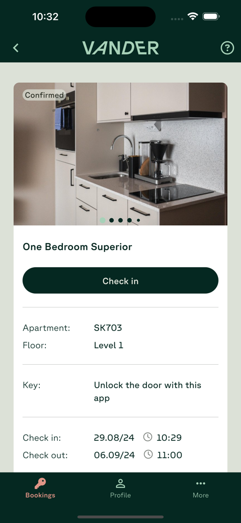 Screenshot of the Vander app displaying a confirmed booking for a one bedroom superior apartment with a check in button and digital key feature