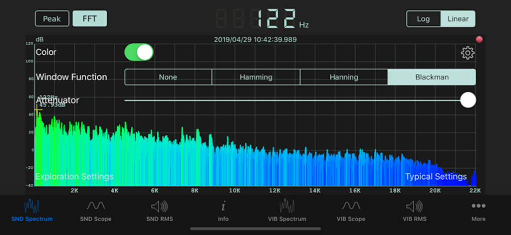 Sonic Tools SVM - Interface do analisador de espectro sonoro Sonic Tools SVM mostrando um gráfico de frequência com configurações de FFT e função de janela