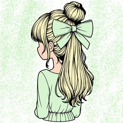 realistic girl  with hip length hair a bun and a big bow on the back of head