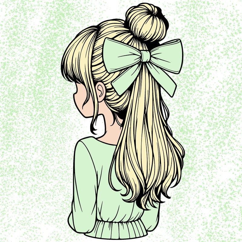 realistic girl  with hip length hair a bun and a big bow on the back of head