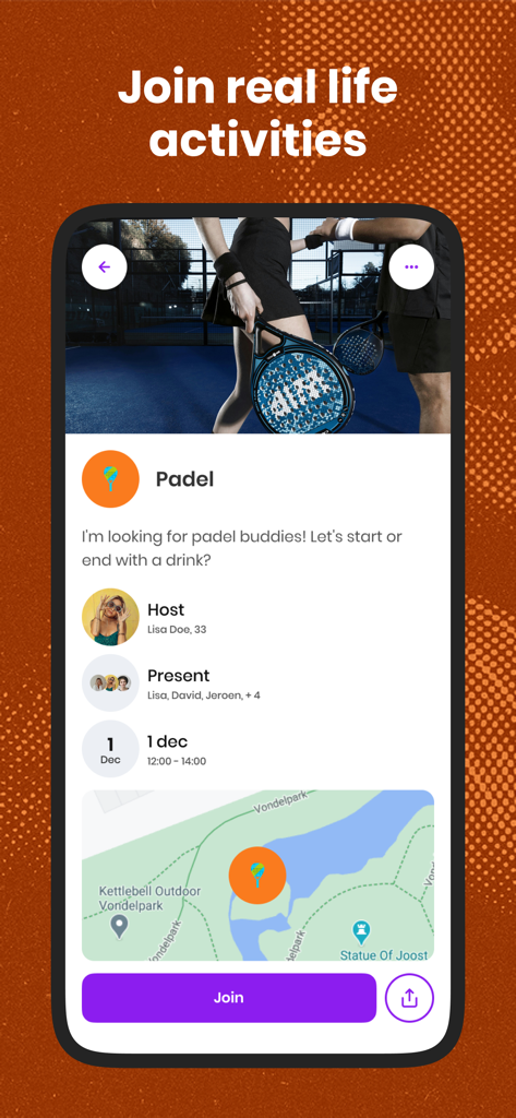 Amigos - Meet fun people - イベントの詳細、地図上の場所、参加ボタンが表示されたパデルアクティビティを表示するAmigosアプリのインターフェース。