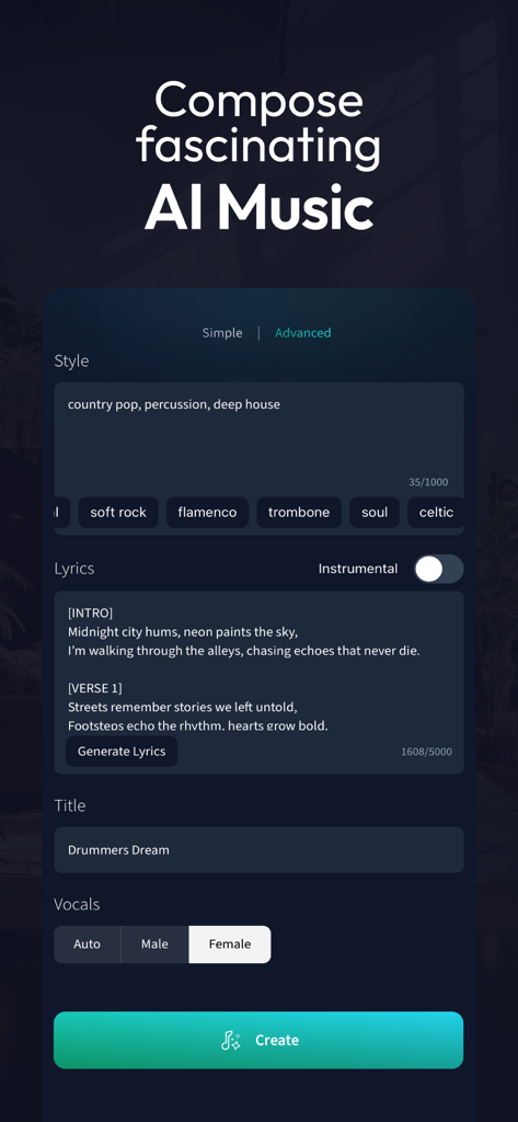 Mobile app interface for composing AI music with custom styles and lyrics