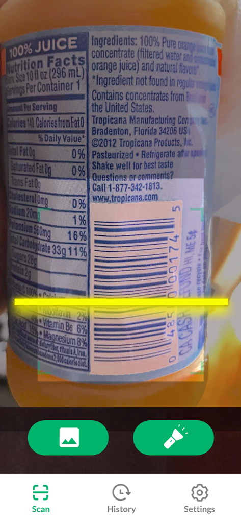 Interface of the QR Code Reader and Scanner app scanning a barcode on a product label