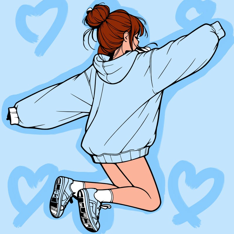 realistic girl jumping with a bun and oversized sweatshirt