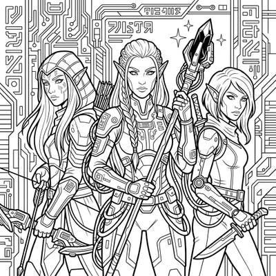 Journey to a realm where ancient dark elves meet cutting-edge technology in this captivating cyberpunk coloring page. Embellish their intricate cybernetic gear and formidable presence with your unique color palette.