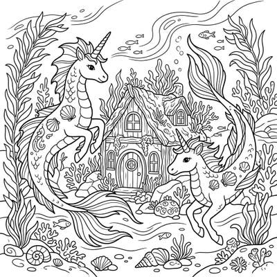 Discover the whimsical blend of marine fantasy and rustic charm with this unique Sea Unicorns Cottagecore coloring page. Immerse yourself in an idyllic underwater scene featuring graceful sea unicorns and a cozy aquatic home, ready for your creative touch.