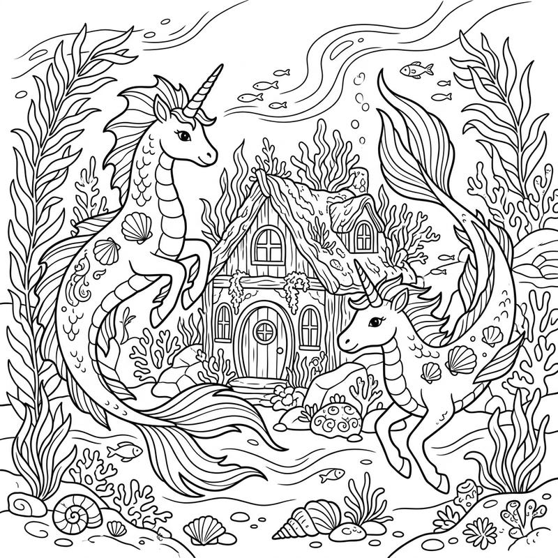 Discover the whimsical blend of marine fantasy and rustic charm with this unique Sea Unicorns Cottagecore coloring page. Immerse yourself in an idyllic underwater scene featuring graceful sea unicorns and a cozy aquatic home, ready for your creative touch.