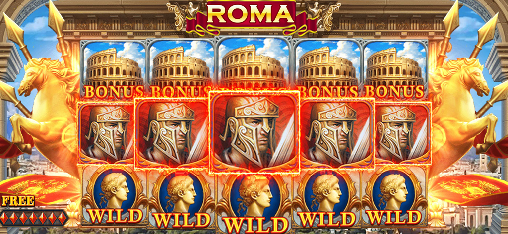 Ancient Rome themed slot machine interface in Royal Club Casino featuring Roman soldier and Coliseum symbols.