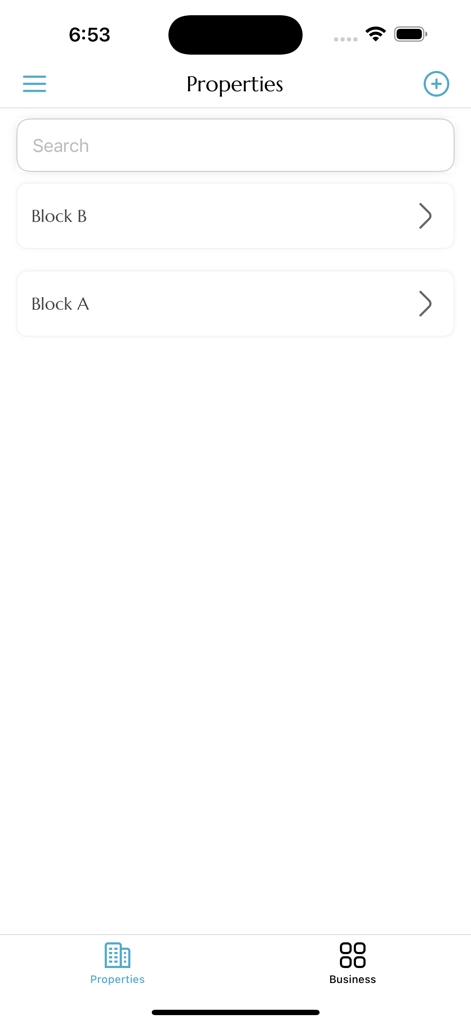 모바일 앱 화면. Block A 및 Block B를 포함한 관리 중인 부동산 목록을 보여줍니다.