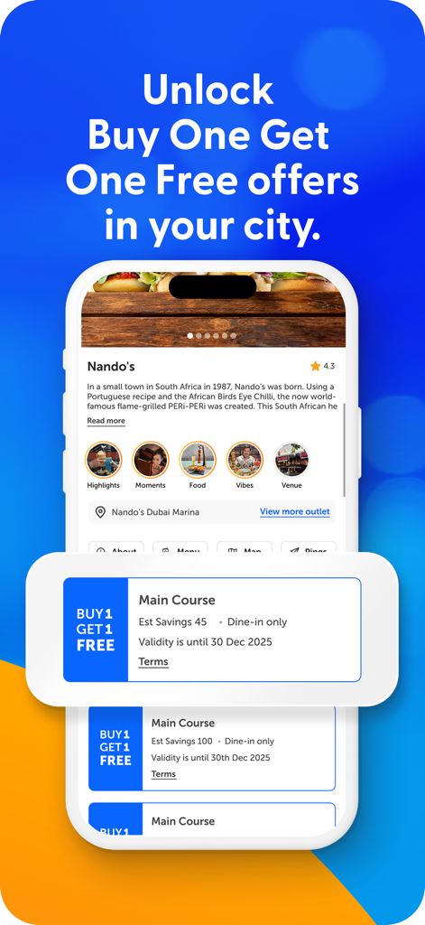 The ENTERTAINER - L'interface de l'application ENTERTAINER affiche les offres « Un acheté, un offert » pour les restaurants et les établissements de restauration.