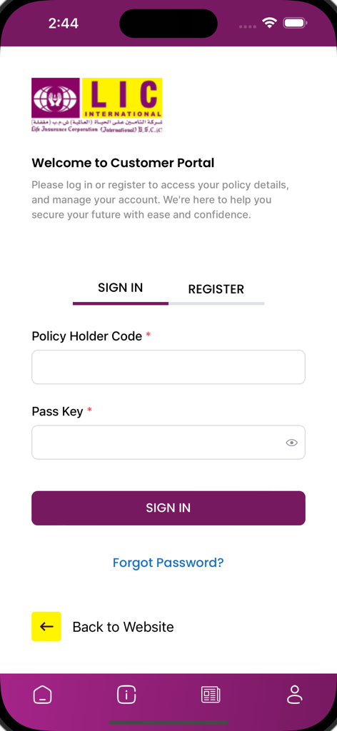 Anmeldebildschirm des Kundenportals der mobilen LIC International App