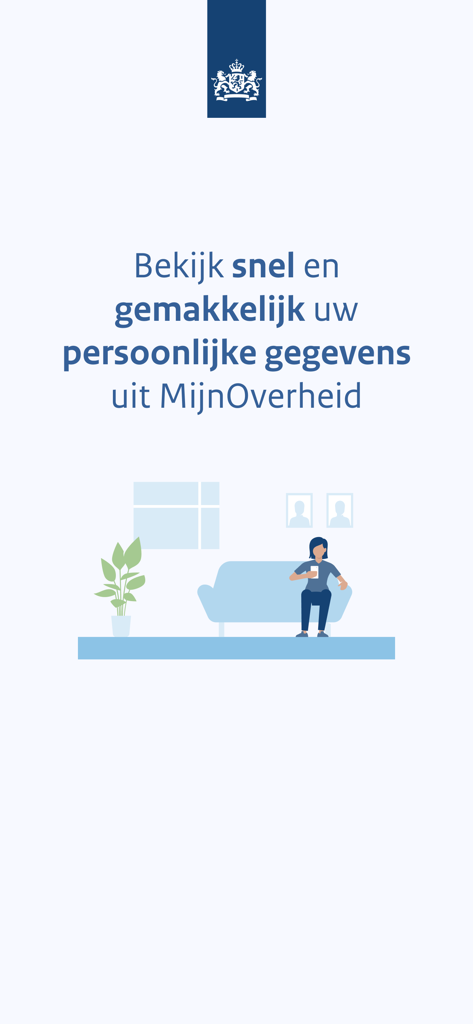 MijnGegevens - Pantalla de bienvenida de la aplicación MijnGegevens del gobierno holandés mostrando a una persona usando su teléfono para acceder a datos personales.