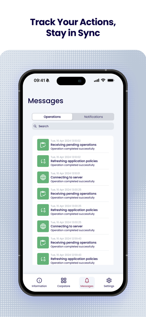 Essentials MDM - A smartphone screen displaying the operations log of the Essentials MDM app showing successful sync actions.