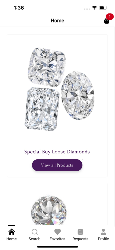 Home screen of Love2Love by PGD app displaying loose diamonds for jewelry retailers