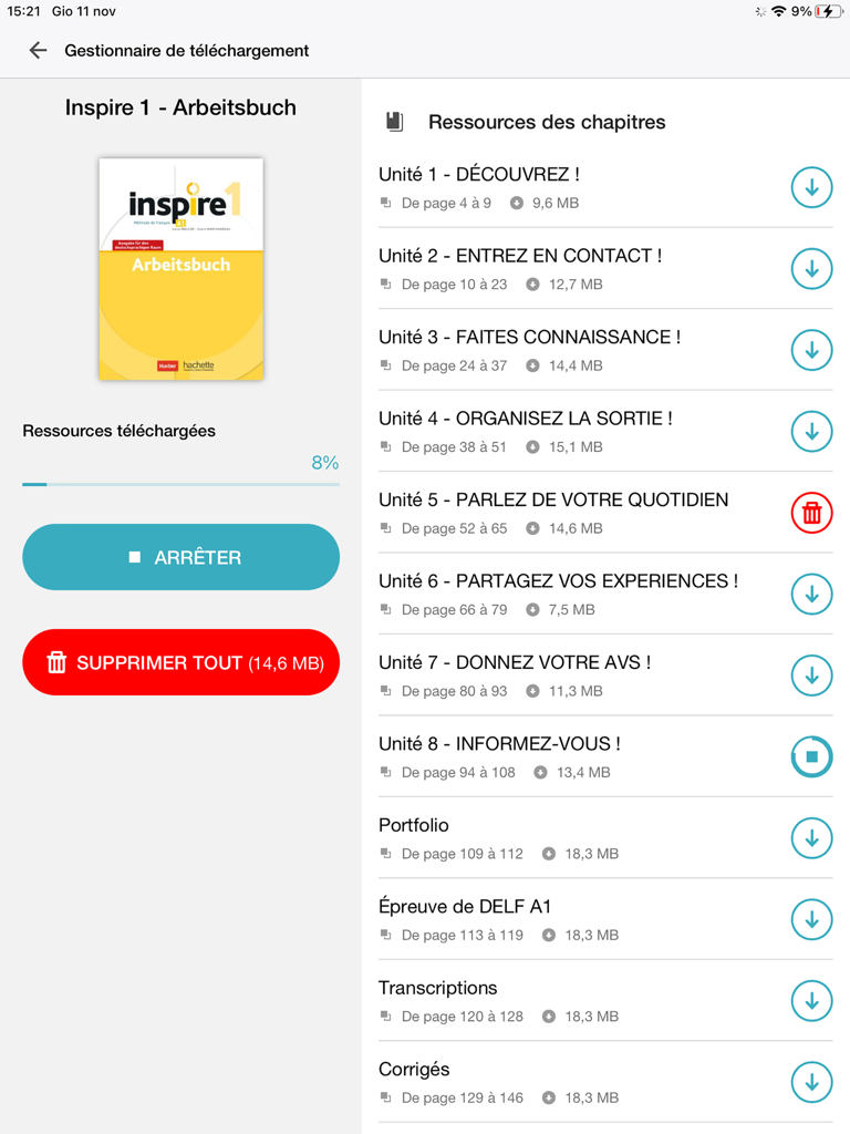 Inspire 1 프랑스어 교과서의 단위를 표시하는 Biblio HFLE 앱의 다운로드 관리자 인터페이스