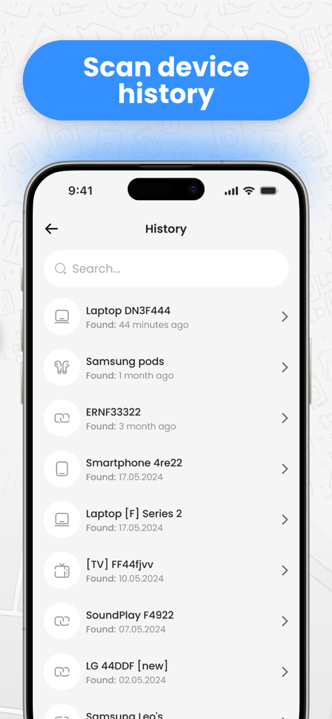 Find My Pods & Lost Device - ラップトップやイヤホンなどの検出されたBluetooth電子機器の日付記録とキーボードが表示されたデバイス履歴リストを示すスマートフォン画面