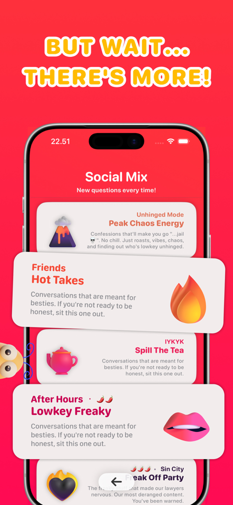 Goofer - Interface Social Mix do aplicativo Goofer mostrando vários modos de jogo como Peak Chaos Energy e Spill The Tea