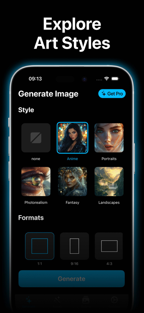 Interfaz de la app Pix AI para seleccionar estilos artísticos y relaciones de aspecto para la generación de imágenes