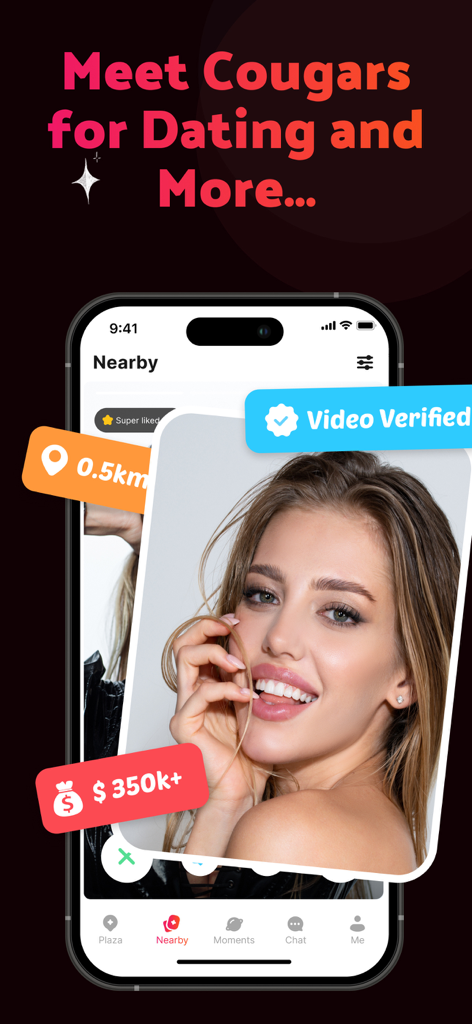 Interfaccia dell'app CougarD che mostra un profilo verificato tramite video di una donna matura per incontri locali.