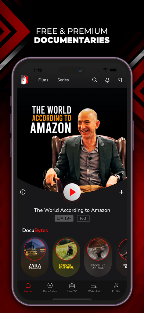 DocuBay - Watch Documentaries - DocuBay App-Startbildschirm mit einer Dokumentation über den Amazonas und kurzen Videovorschauen namens DocuBytes