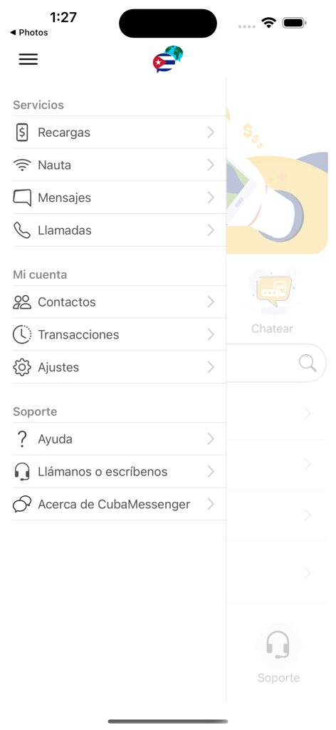 Side navigation menu of the CubaMessenger app displaying various communication and utility services in Spanish.