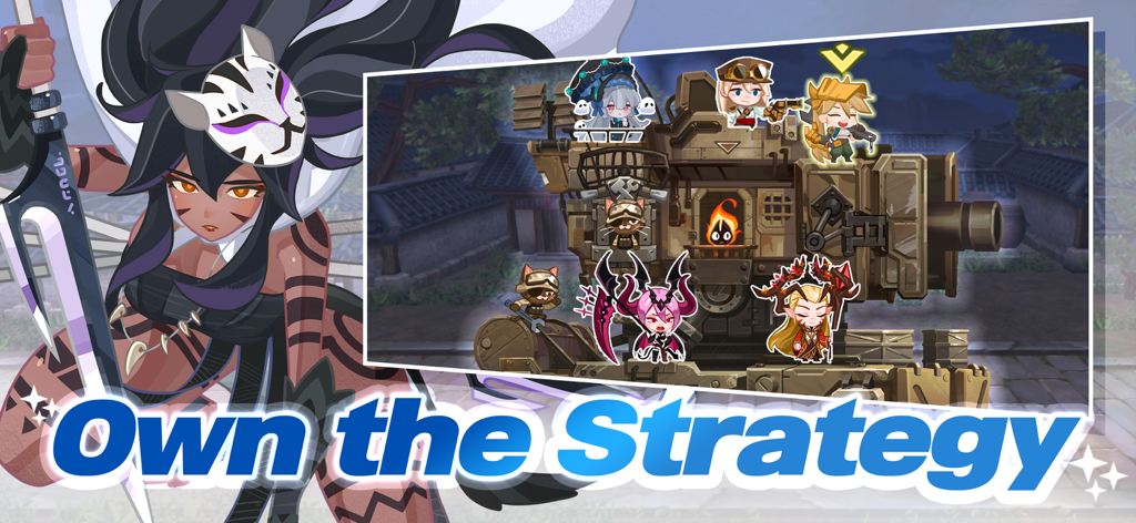 A large anime character with a fox mask and a customizable mechanical fortress populated with chibi heroes in Fortress Saga AFK RPG.