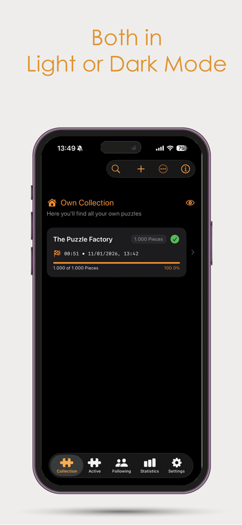 Jvh Puzzle - コレクションリストに完成した1000ピースのパズルが表示される、ダークモードのjvhパズルトラッカーアプリを示すiPhone画面。
