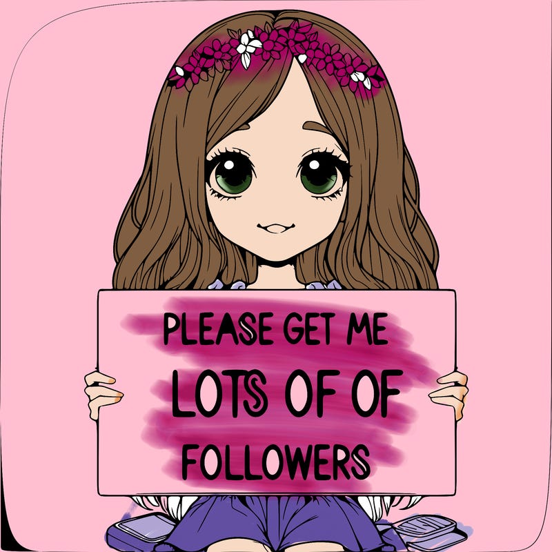 realistic girl holding sign that says please get me lots of followers