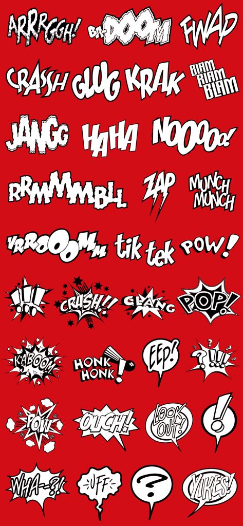 Comic Caption Meme Maker Lite - A collection of authentic black and white comic book sound effect stickers and speech bubbles on a solid red background.