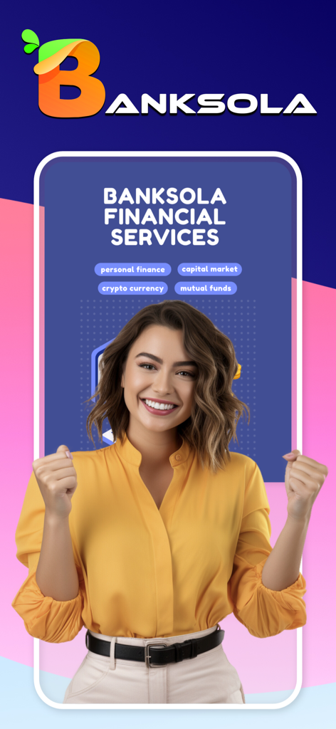 Banksola: Budget Planner - Una mujer feliz celebrando el éxito financiero en la interfaz de la aplicación Banksola, destacando servicios de finanzas personales y criptomonedas