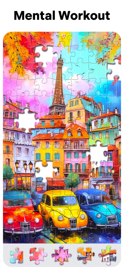 Jigsaw Puzzles for Adults HD - Un colorido puzzle de rompecabezas con la Torre Eiffel y coches antiguos con el titular Entrenamiento Mental.