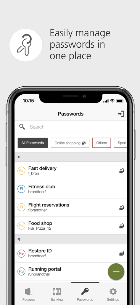 Interface of the UBS Safe app showing the secure password management feature with a list of saved accounts