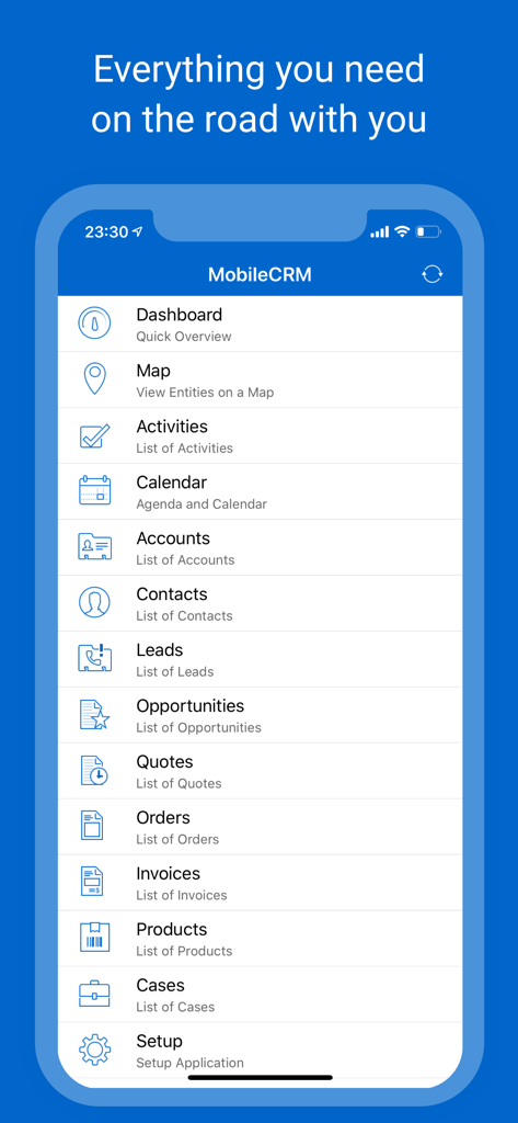 Menú principal de la aplicación Resco Mobile CRM que muestra una lista de módulos de negocio que incluyen panel de control, mapa, actividades y contactos