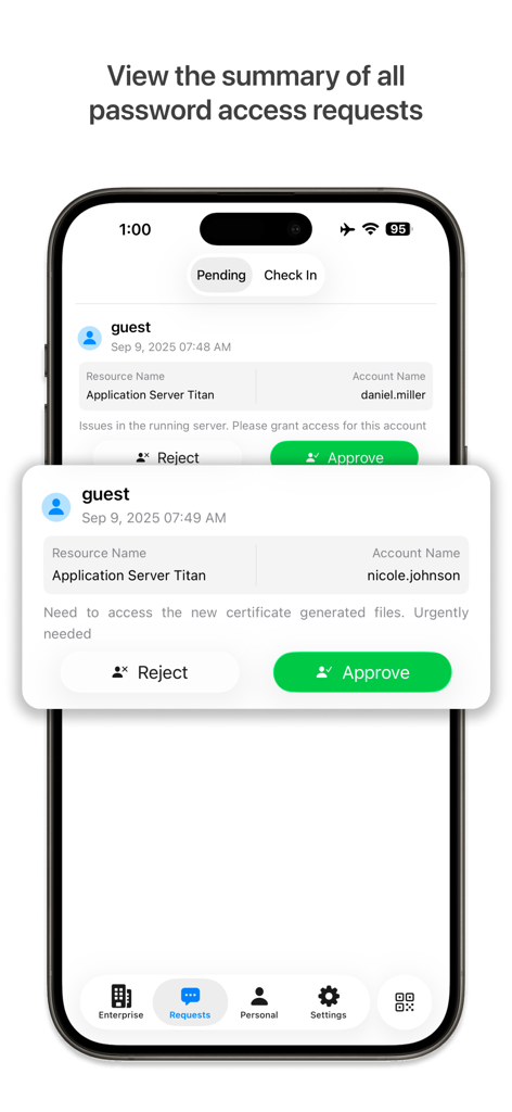 ManageEngine PAM360 - ManageEngine PAM360 mobile app interface showing a list of pending password access requests with approve and reject options