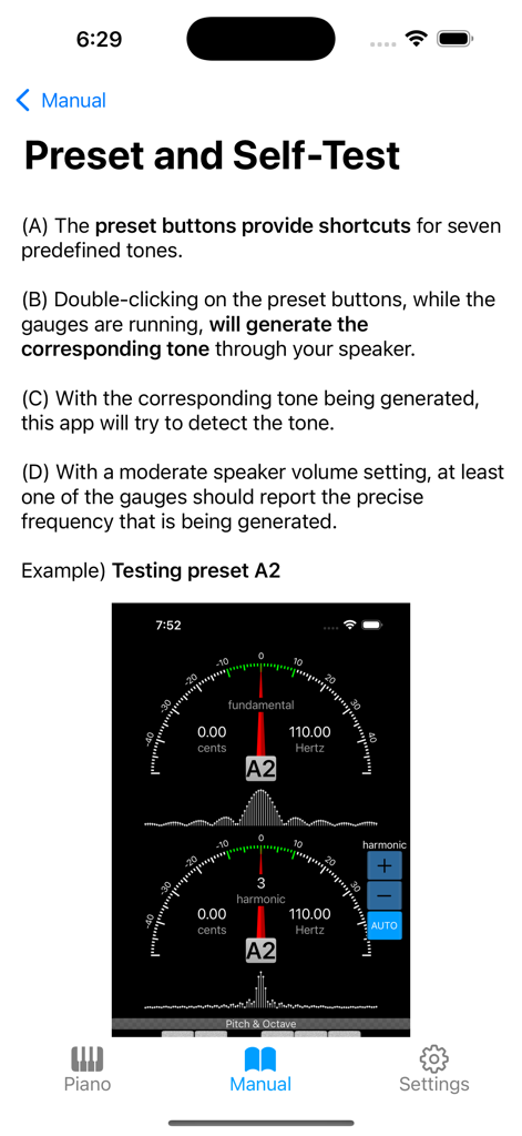 Piano Doctor - A Piano Tuner - Instructional manual page for the Piano Doctor app explaining presets and self-test features with tuning gauges.