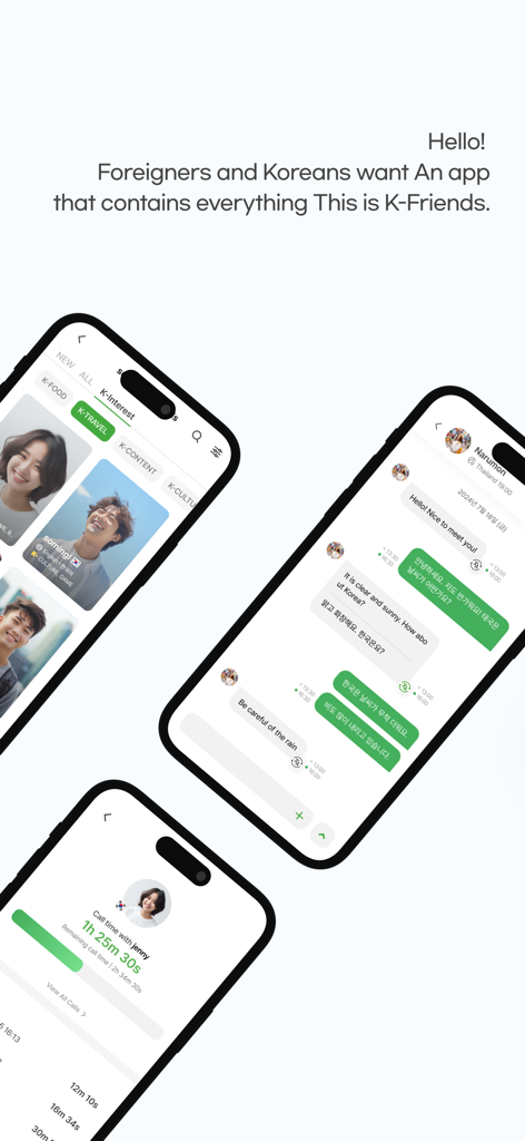 Mobile app screens showing user profiles with cultural interests, a bilingual chat window, and a call duration log for Korean language practice