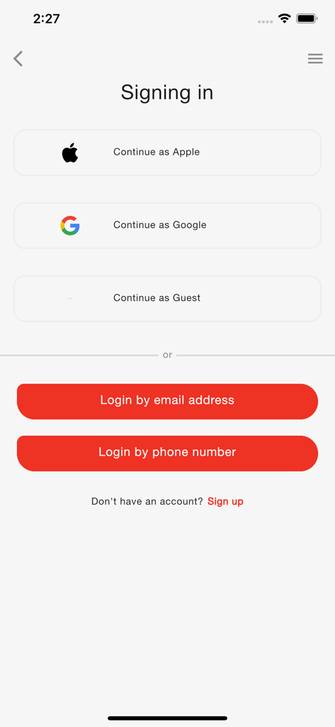 QRCS - Signing in screen of the QRCS app showing multiple login options including Apple Google guest email and phone number