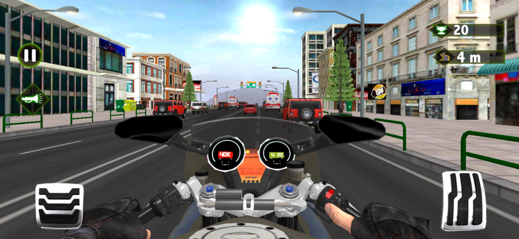 First person view of a motorcycle racing through city traffic in a highway rider game.