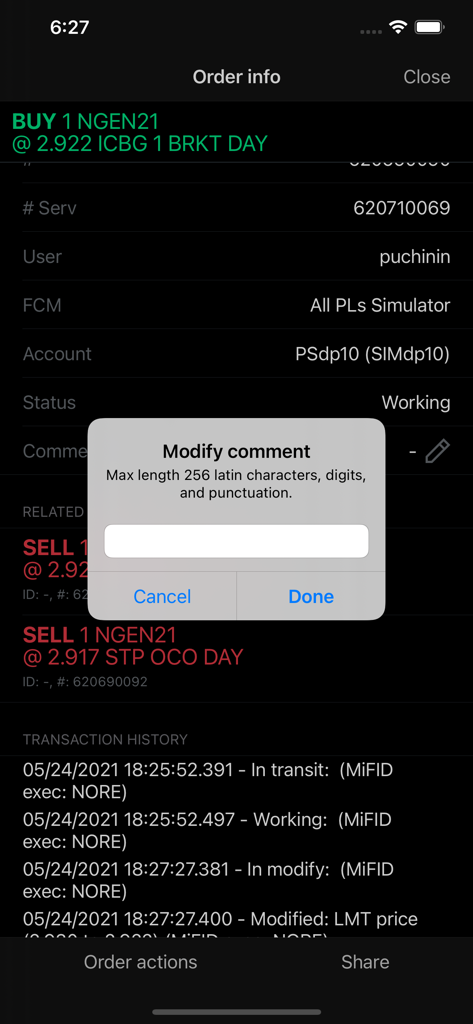 CQG mobile app order info screen with a modify comment dialog box
