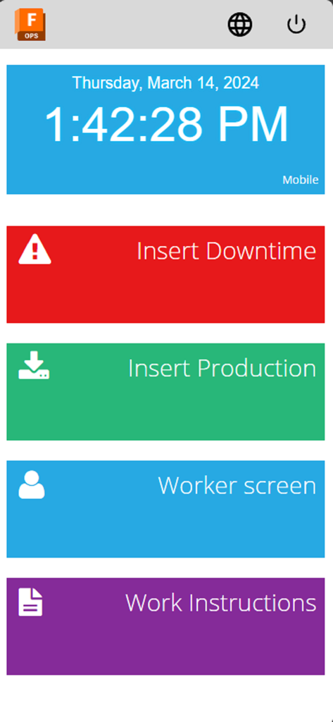 Autodesk Fusion Operations app main menu with buttons for downtime, production, worker screen, and work instructions.