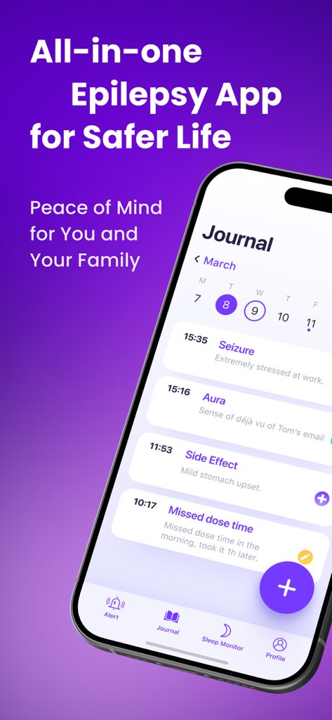 EpiCentr App-Oberfläche, die ein digitales Tagebuch zur Verfolgung von Anfällen, Auren, Nebenwirkungen und verpassten Medikamenteneinnahmen zeigt.