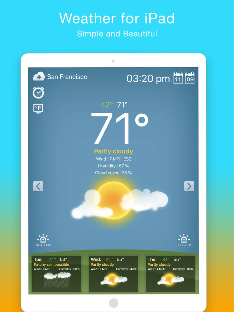 Weather for iPad! - Weather for iPad app interface showing San Francisco temperature and daily forecast