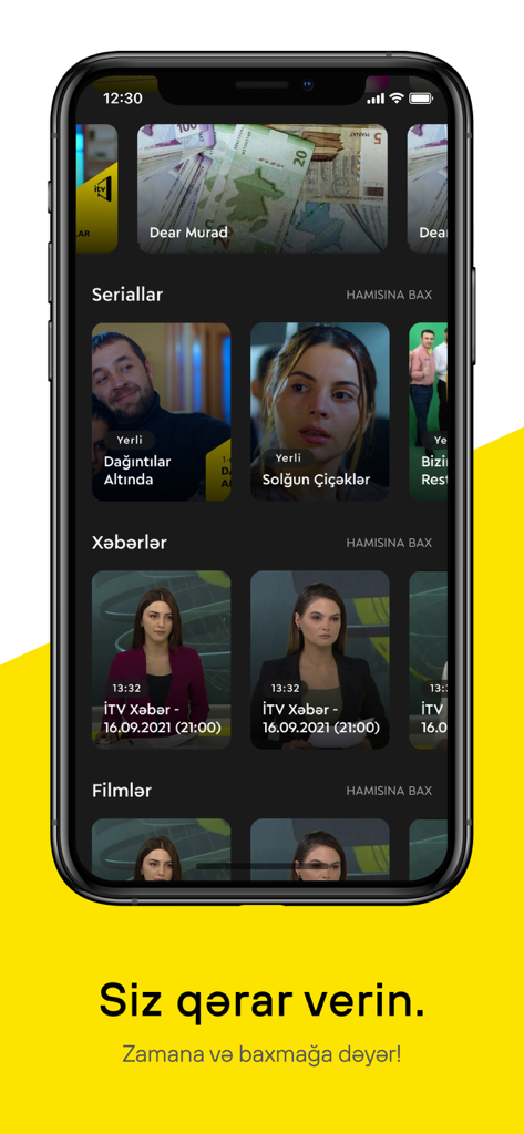 İCTİMAİ TV - Écran d'accueil de l'application Ictimai TV affichant des catégories d'actualités et de divertissement